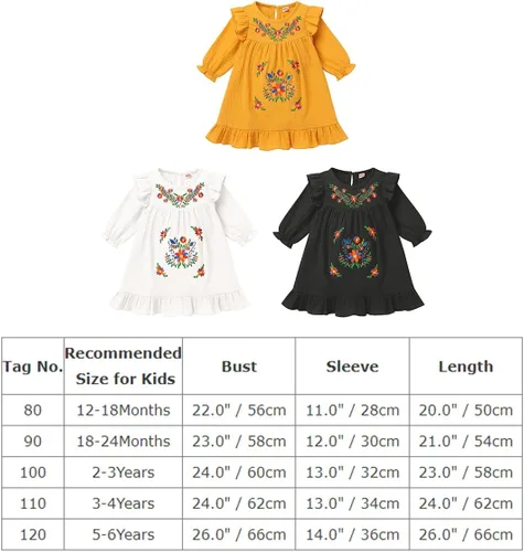 Vista 7 de Vestido mexicano de manga larga con bordado floral, para fiesta, traje étnico tradicional, vestido de verano con volantes