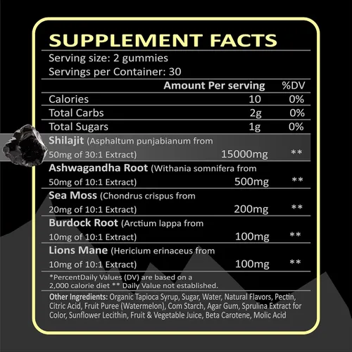 Vista 9 de Gomitas Shilajit orgánicas para hombres y mujeres con musgo marino y ashwagandha – 100% extracto del Himalaya con más de 105 minerales traza, raíz