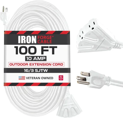 Vista 9 de Iron Forge Cable Cable de extensión blanco de 10 pies para exteriores con 3 tomas, cable de extensión SJTW de 16/3 de 10 pies, 3 clavijas, cable