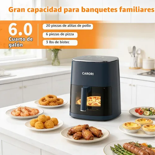 Vista 3 de CARORI Freidora de aire de 6 cuartos de galón con ventana de visión, 12 ajustes preestablecidos de cocción, cocción rápida y uniforme de 1700 W Azul