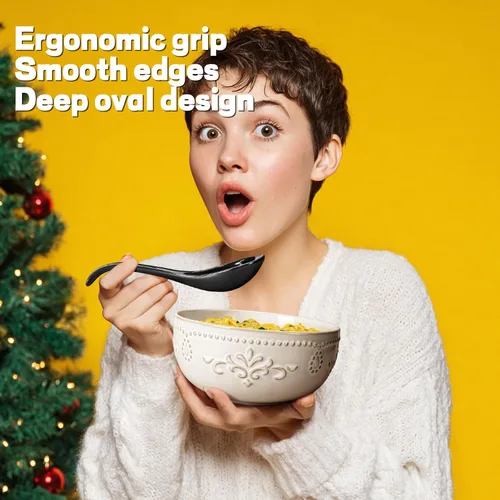 Vista 2 de Artena Juego de 6 cucharas de sopa asiática de 6.75 pulgadas, cuchara de sopa japonesa de porcelana ultrafina, cucharas de ramen negras para fideos
