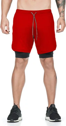Vista 2 de Akk Pantalones cortos 2 en 1 para hombre, para correr, entrenamiento, yoga, gimnasio, deportes, con bolsillos para teléfono con cremallera