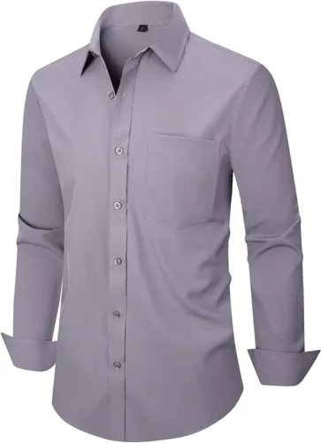 Vista 44 de corfty Camisa de vestir de manga larga para hombre, ajuste regular, elástica, sin arrugas, casual, con botones