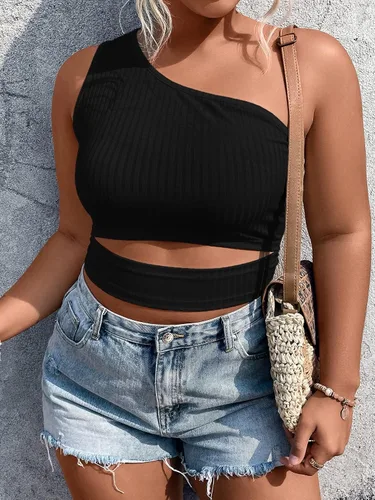 Vista 5 de MakeMeChic Camiseta corta sin mangas con un hombro recortado para mujer, talla grande