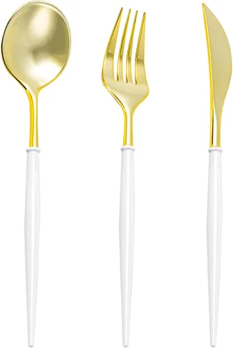 Vista 9 de N9R Juego de cubiertos de plástico dorado - 90 piezas con mango negro - Cubiertos de plástico elegantes, resistentes - 30 cucharas, 30 tenedores, 30