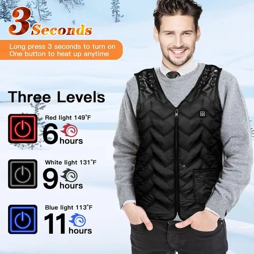Vista 2 de Chaleco térmico para hombres y mujeres, con carga USB, tamaño ajustable para cazasenderismo, chalecos cálidos de invierno, Negro