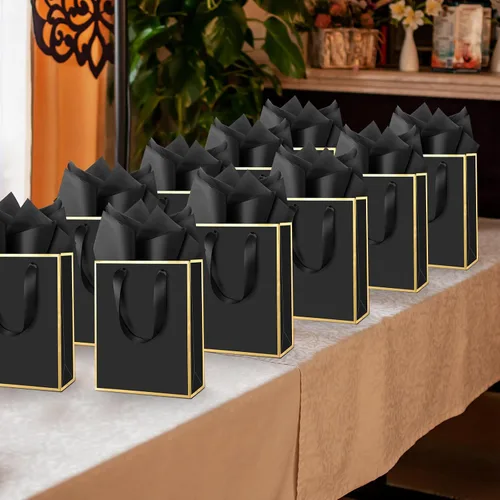 Vista 7 de Yeaqee Paquete de 100 bolsas metálicas de regalo con asa y papel de seda de papel de seda dorado para graduación, boda, padrinos de boda, regalos