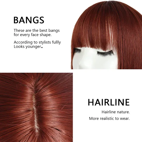 Vista 5 de Pelucas Bob con flequillo, peluca de cabello castaño rojizo de 10 Caoba