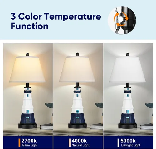 Vista 3 de WIHTU Juego de 2 lámparas de mesa modernas de faro, lámpara de mesa náutica blanca y azul marino, luces de lectura de resina de estilo náutico