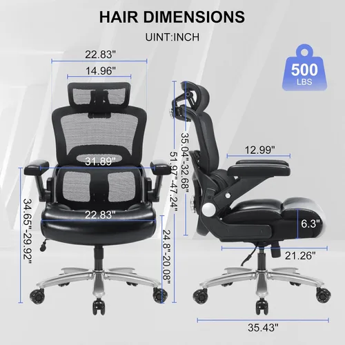 Vista 3 de Silla de oficina ergonómica resistente de 500 libras, silla de escritorio grande y alta con soporte lumbar ajustable, reposacabezas 3D, respaldo
