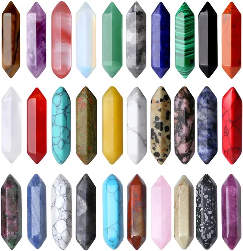 Vista 23 de Juego de 20 piedras de varita de cristales curativos, amatista natural, cuarzo rosa, cuarzo transparente, ojo de tigre, piedras preciosas