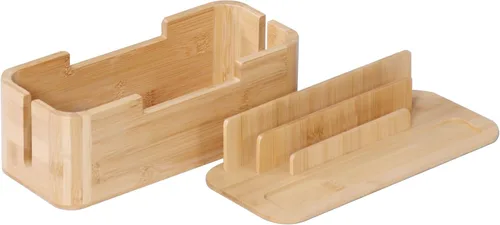 Vista 8 de Relaxdays Caja de cables para 2 regletas de alimentación de bambú, HBT: 6.3 x 11.8 x 5.1 in, soporte para tablet y teléfono celular, color natural