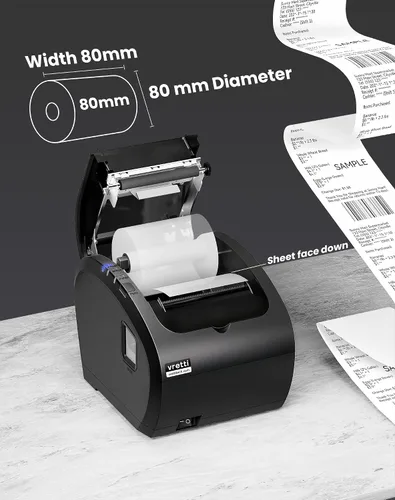 Vista 5 de Impresora de Recibos Térmica vretti, Impresora POS USB de 3'1/8 80mm, Impresora de Cocina para Restaurante con Soporte de Cortador Automático