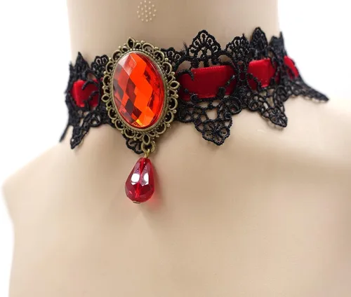 Vista 3 de ETERNITY J. - Gargantilla gótica retro hecha a mano de encaje, pulsera y colgante de cadena negro