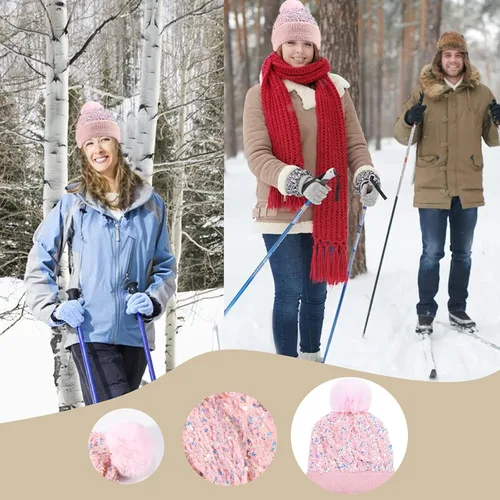 Vista 6 de Gorro de invierno para mujer, gorro de punto con piel sintética extraíble, pompón y lentejuelas