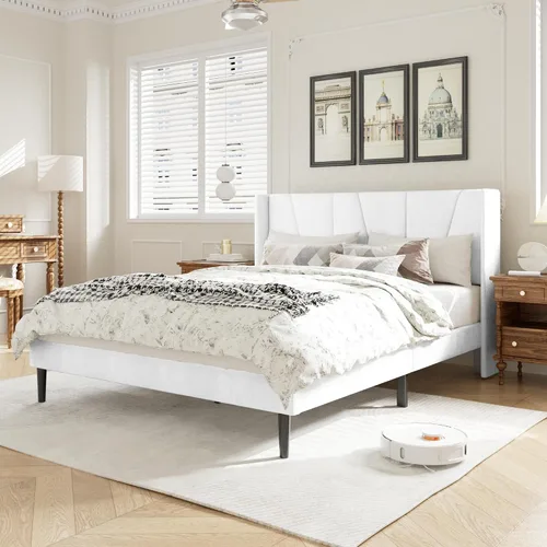 Vista 8 de HAOARA Base de cama tamaño matrimonial con cabecero, bases de cama tapizadas con plataforma de terciopelo, base de colchón contemporánea, Beige