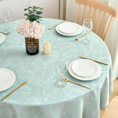 Vista 61 de Mantel Redondo Aqua Jacquard Pequeño de 40 Pulgadas, Manteles para Mesas de hasta 26" de Diámetro, Impermeable, Lavable, Sin Arrugas, Tela Suave