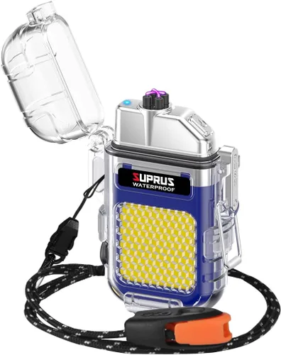 Vista 13 de SUPRUS Mechero impermeable de 3 modos de linterna, encendedor resistente al viento, eléctrico de arco doble recargable, encendedor de plasma de arco