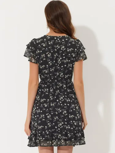 Vista 4 de Allegra K Vestido de gasa floral con cuello en V y mangas con volantes para mujer