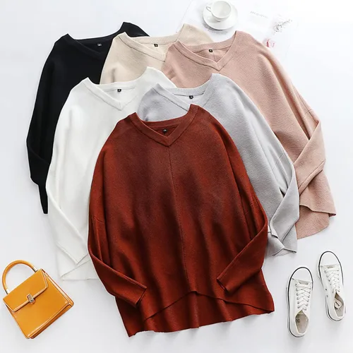 Vista 5 de ANRABESS - Suéter tejido para mujer, cuello en V, caída larga tipo murciélago, dobladillo asimétrico, estilo casual