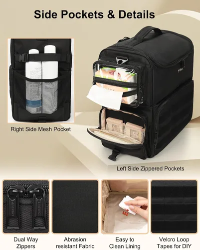 Vista 4 de Relavel Estuche de tren de maquillaje rodante, estuche de cosmetología sobre ruedas con 4 bolsas transparentes, bolsas profesionales para Negro