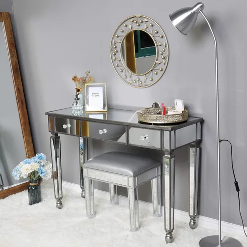 Vista 10 de SSLine Mesa de tocador de maquillaje con espejo, mesa auxiliar moderna para sofá, mesa auxiliar con espejo, mesa de tocador con 2 cajones, mesa