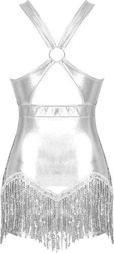 Vista 4 de iiniim Leotardo de jazz con lentejuelas para mujer, con flecos, borla para baile latino, ropa de baile