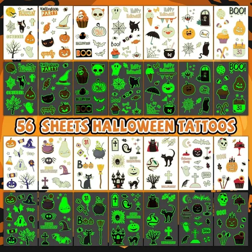 Vista 3 de EMOME Más de 500 estilos de tatuajes de Halloween brillantes para niños a granel, lindos tatuajes temporales para niños, golosinas de Halloween