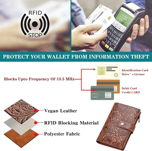 Vista 3 de GOIACII Cartera de viaje para mujer, con bloqueo RFID, triple pliegue, con bolsillo con cremallera para monedas, A01 café, Classic