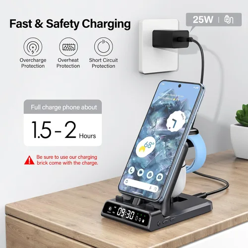 Vista 3 de Estación de carga 3 en 1 para Google Pixel Watch 3/2, soporte de cargador USB C con cable súper rápido de 25 W para Google Pixel 10/10 Pro/10 Pro