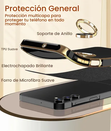 Vista 5 de Dretal Funda para Samsung Galaxy A15 5G, protector de pantalla, soporte de anillo giratorio de 360°, soporte magnético, borde dorado plateado, funda