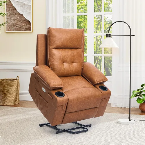 Vista 9 de Silla reclinable eléctrica para personas mayores con masaje y calor, piel sintética, reclinable eléctrico con puertos USB, portavasos, bolsillos