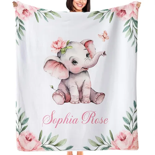 Vista 12 de NAZENTI Manta de bebé de elefante personalizada, manta de bebé niña personalizada con nombre y floral, regalo para niñas y niños, recién nacidos