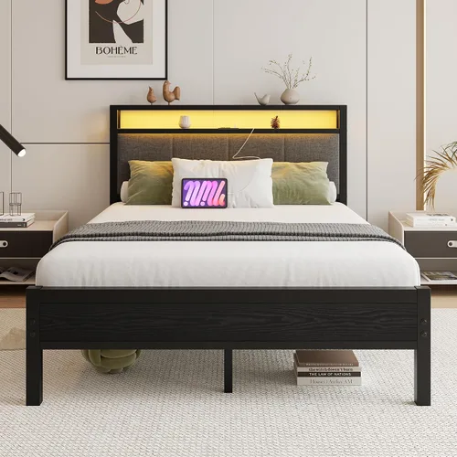 Vista 3 de Base de cama de tamaño matrimonial con estantes de almacenamiento, cabecera tapizada, color gris LED Lights Charging Station,Heavy Duty Metal Bed