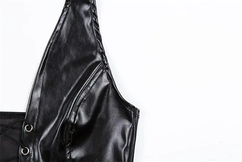 Vista 5 de DOUCIU Top corto sin mangas de piel sintética con cordones para mujer