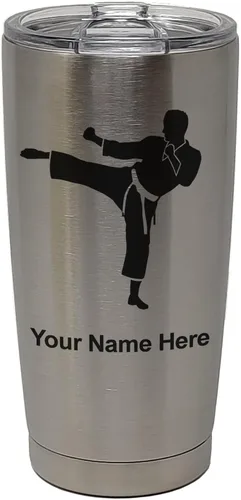 Vista 33 de LaserGram Vaso aislado al vacío de 20 onzas, Karate Man, grabado personalizado incluido (negro) Engraved Gift, Vacuum Insulated Stainless Steel