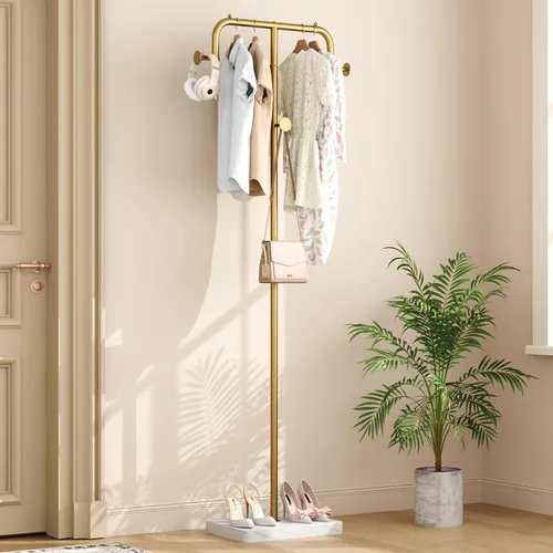 Vista 9 de HOMEFORT Perchero de Abrigos, Percheros de Metal Independientes, Soporte de Ropa y Sombreros de Doble Poste con 5 Ganchos para Closet, Dormitorio