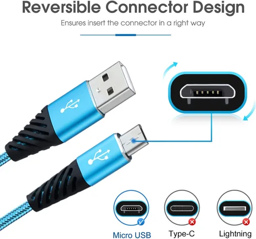 Vista 4 de Boenoea Fast Phone Charger Android 10ft 5-Pack Long Micro USB Cable Braided Compatible with Samsung Galaxy J3 J7 S6 S7 Edge Note 4 5 LG BlackBerry