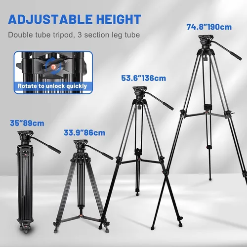 Vista 3 de COMAN - Trípode de video, trípode profesional resistente de 74 pulgadas con placa de liberación rápida y cabezal de fluido de 360°, soporte