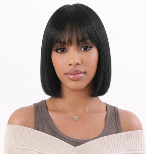 Vista 25 de Peluca de cabello humano lacio rubio 613 de 15 pulgadas con flequillo, sin pegamento, sin encaje frontal, Yaki Bob para mujer