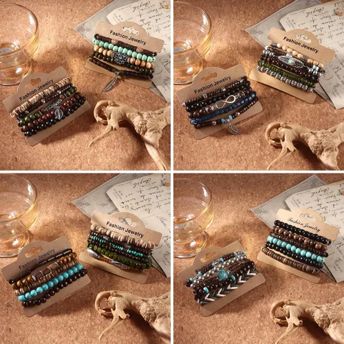 Vista 7 de Paquete de 43 piezas de pulseras de cuentas de madera para hombres, pulseras a granel, pulseras punk vintage ajustables góticas, set de pulseras