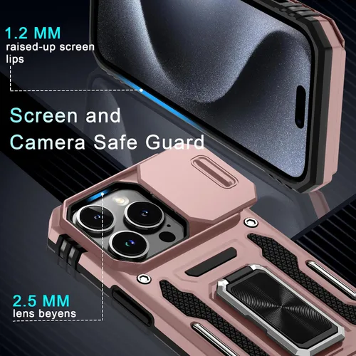 Vista 13 de DEERLAMN Funda para iPhone Xs Max con funda deslizante para cámara + protector de pantalla, soporte giratorio de anillo de grado militar a prueba