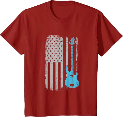 Vista 48 de Electric Bass Guitar Player American Flag Musician T-Shirt Asphalt Grey