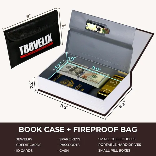 Vista 4 de Caja fuerte de libro con cerradura de combinación, caja fuerte oculta (9.5 x 6.2 x 2.2 pulgadas) con bolsa ignífuga, caja fuerte de diversión