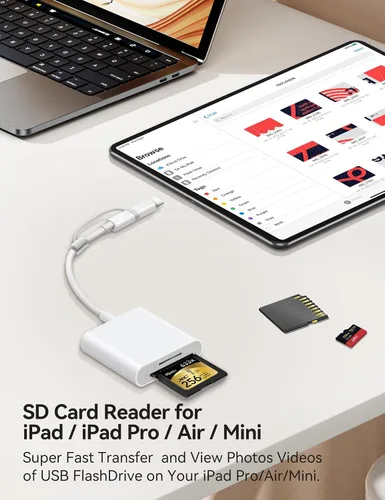 Vista 6 de BnmxTek Lector de Tarjetas SD para iPhone, Adaptador de Tarjeta SD con Conector Dual Lightning y USB-C para iPhone 5-14, iPhone 15 con USB-C, iPad