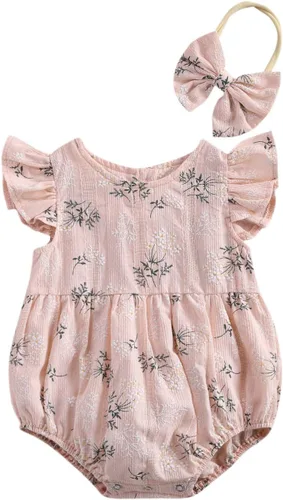 Vista 9 de Ropa de una pieza de verano para bebé niña, sin mangas, de algodón, lino, mameluco con diadema Albaricoque