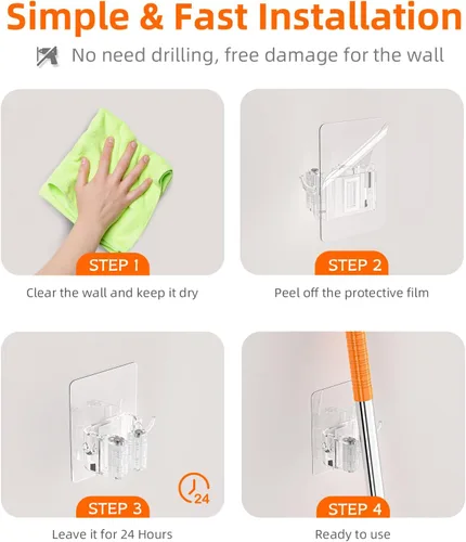 Vista 6 de Batur Soporte de pared para escoba, paquete de 4 soportes adhesivos para trapeador y escoba, soporte de pared, súper antideslizante, organizador
