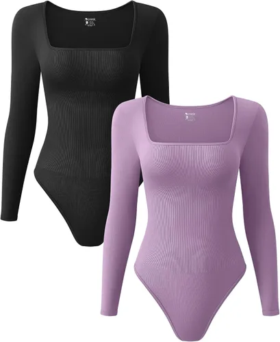 Vista 13 de OQQ Body de 2 piezas para mujer, sexy, acanalado, de una pieza, cuello cuadrado, manga larga, tops Negro Beige