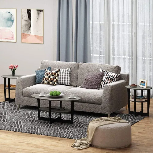 Vista 2 de Furinno JAYA - Juego de 2 mesas auxiliares redondas de 2 niveles con mesa ovalada, mesita de noche, mesita de noche con estante abierto, para sala