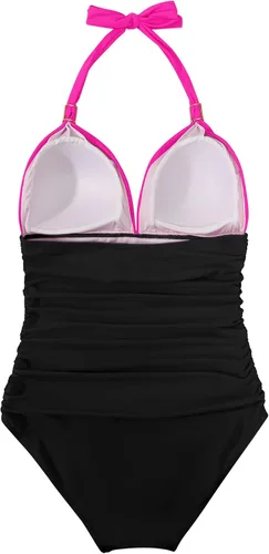 Vista 95 de RXRXCOCO - Traje de baño fruncido de una pieza, con cuello en V, para mujer, con control de abdomen y cuello halter